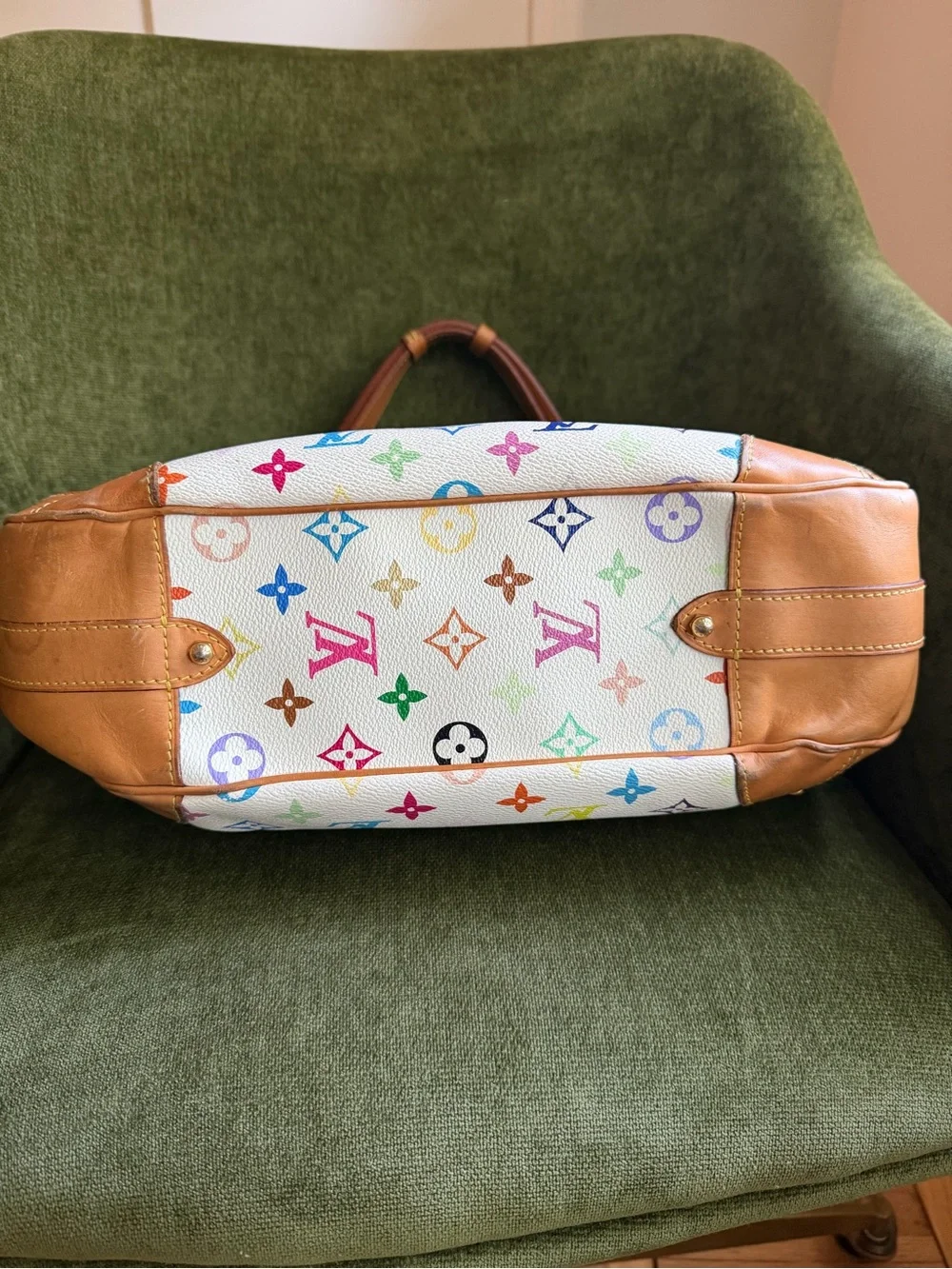 Louis Vuitton Multicolor Monogram White Canvas Shoulder Bag with Tan Trim